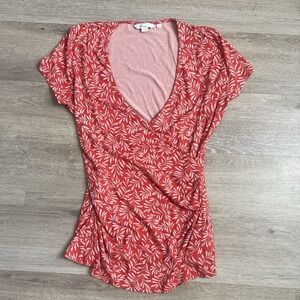 Boden Wrap Short Sleeve Top Size 8 UK 12 Red White Leaf Ruched Stretchy Blouse